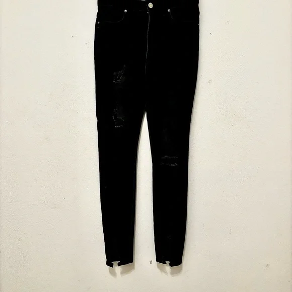 Forever 21 Black Super High Waisted Distressed Skinny Split Hem Denim Jeans - Picture 2 of 8